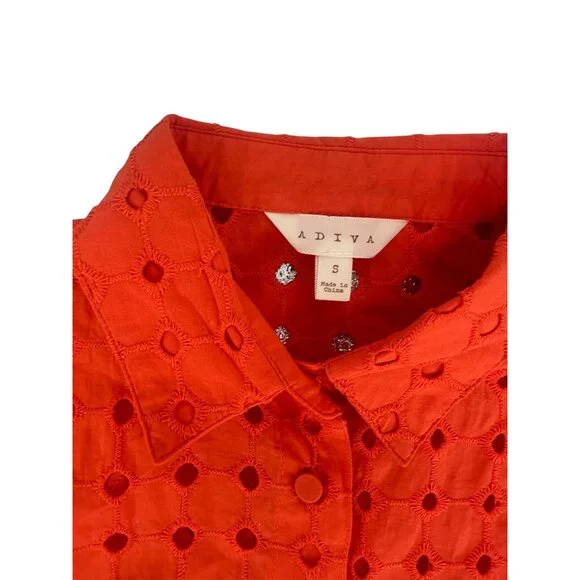 🍊 Adiva Orange Eyelet Button Down Blouse Embroidered Cutout S 🍊 - Picture 8 of 8